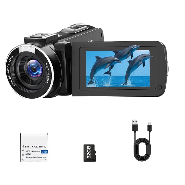 Schwarzer Camcorder CAMWORLD AC25 mit ausgeklapptem Bildschirm und LED-Licht oben