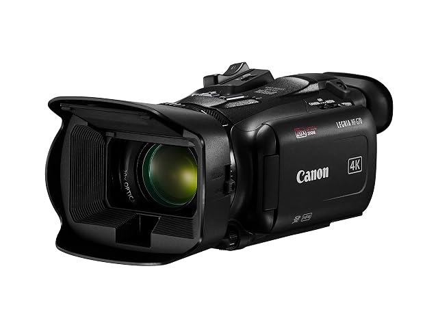 Schwarzer professioneller Camcorder Canon LEGRIA HF G70 mit angesetzter Gegenlichtblende