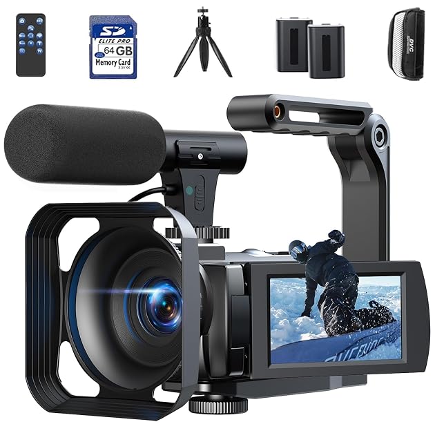 Schwarzer Camcorder FIREFOTO AC12C mit klappbarem Handstabilisator und Fernbedienung