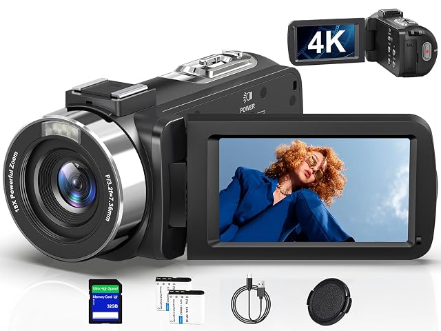 Schwarzer Camcorder PITIKI V112 mit ausklappbarem Bildschirm und Mikrofonbuchse