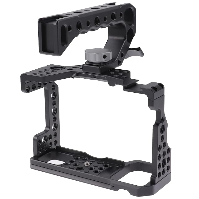 Hersmay-Kamerakäfig aus Aluminium an einem Sony-Gehäuse mit Top-Handgriff und Zubehörschuhen
