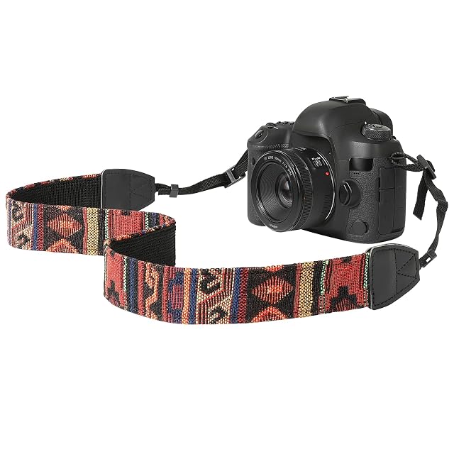 MoKo-Kameragurt aus Baumwolle mit Vintage-Muster und Lederenden