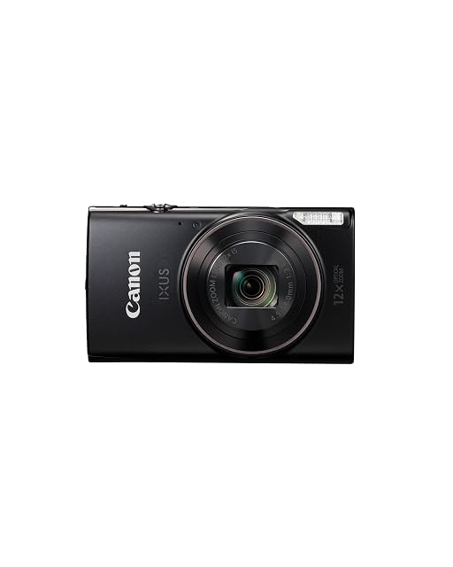 Schwarze schlanke Kompaktkamera Canon IXUS 285 HS mit Metallgehäuse und eingefahrenem Objektiv