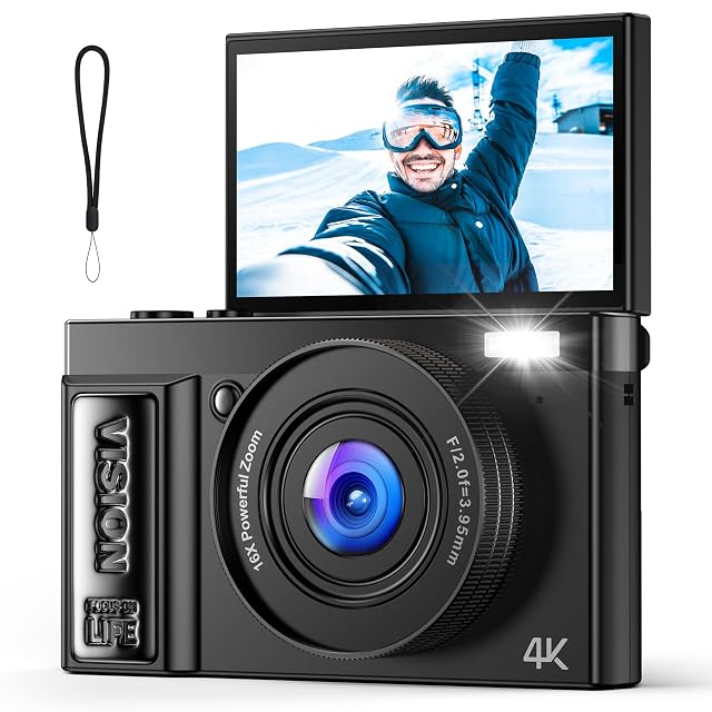 Schwarze Kompaktkamera QIUOIO A9 mit für Selfies nach vorn geklapptem Rückbildschirm