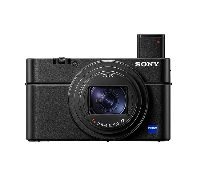 Schwarze Taschenkompaktkamera Sony RX100 VII mit ausgefahrenem Zeiss-Zoomobjektiv