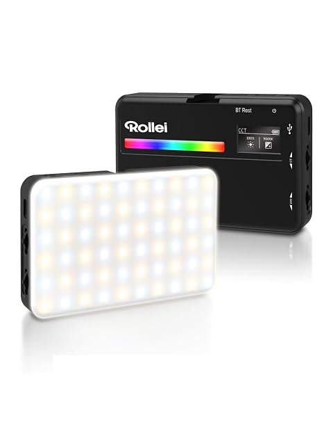 Schwarzes Lichtpanel Rollei LUX Compact RGB, etwa so groß wie ein Smartphone, mit OLED-Bildschirm