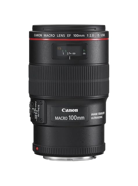 Schwarzes Makroobjektiv Canon EF 100mm L IS mit rotem L-Ring und Schalter für den Fokusbegrenzer