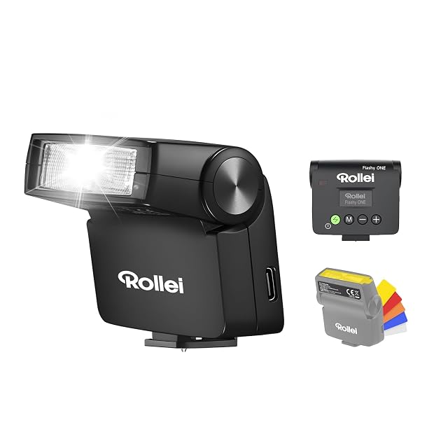 Schwarzer Kompaktblitz Rollei Flashy ONE mit kleinem LCD-Feld auf der Rückseite