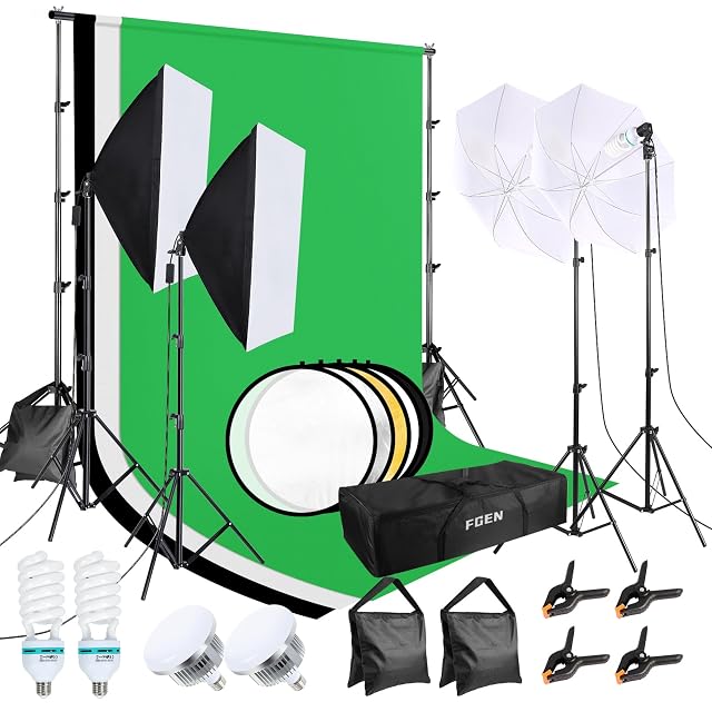 Studioset FGen mit aufgebautem Hintergrundsystem, Softboxen, Schirmen und Stativen