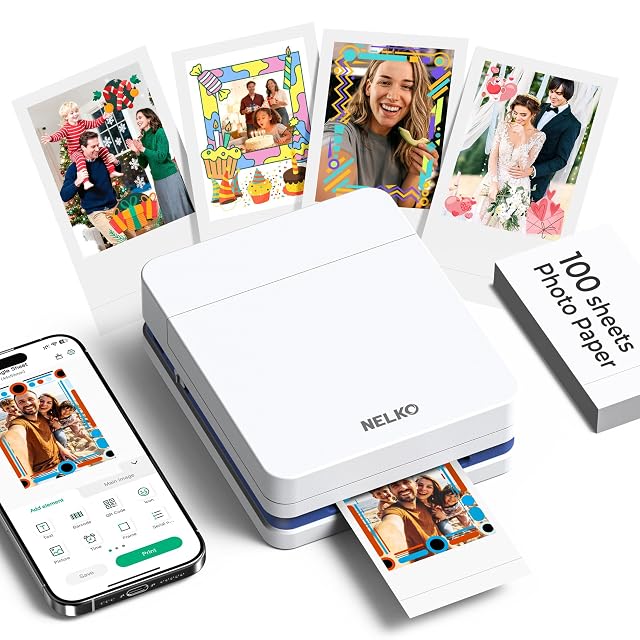 Taschen-Fotodrucker Nelko PP01 neben einem Streifen selbstklebender Drucke