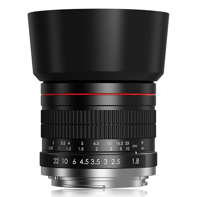 Porträtobjektiv Lightdow 85mm F1.8 aus schwarzem Metall mit breitem Fokusring und montierter Gegenlichtblende