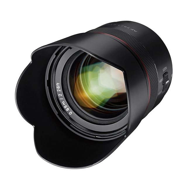 Schwarze Porträtfestbrennweite Samyang AF 75mm F1.8 mit Custom-Schalter am Tubus