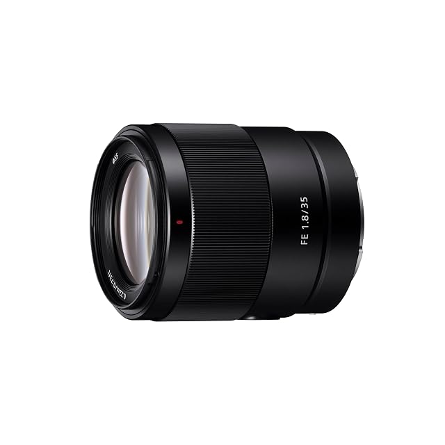 Schwarzes weites Normalobjektiv Sony SEL35F18F mit Fokus-Haltetaste und Fokusmodusschalter