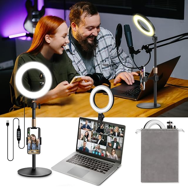 Ringlicht Railee mit 6 Zoll auf beschwertem Tischstativ mit Monitorklemme daneben