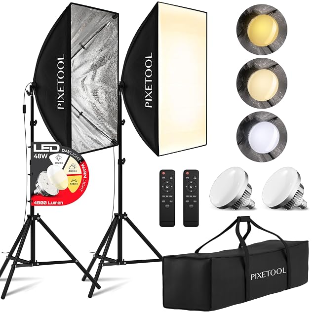 Softbox-Set Pixetool mit zwei Boxen mit 70 mal 50 cm, LED-Lampen und Fernbedienungen
