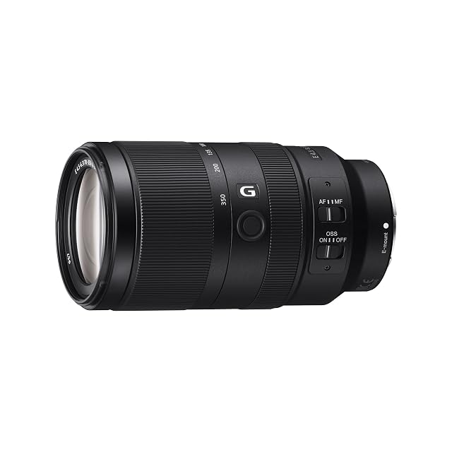 Schwarzes Supertelezoom Sony SEL70350G mit Fokus-Haltetaste und Fokusmodusschalter