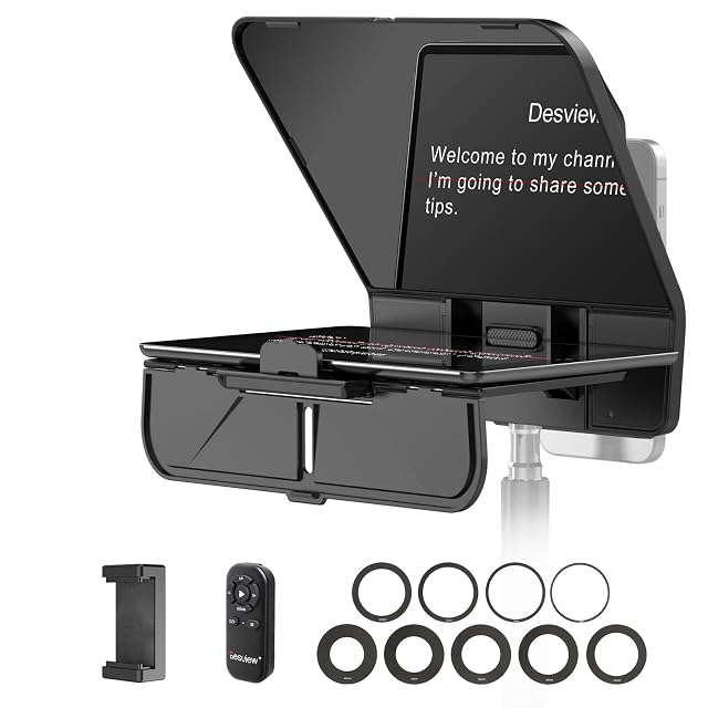 Teleprompter Desview T5 mit eingesetztem Tablet und ausgelegten Adapterringen
