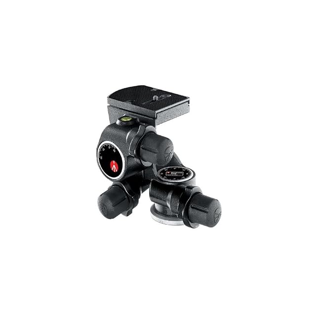 Manfrotto-410-Junior-Getriebeneiger mit seinen drei Einstellknöpfen und der Libelle