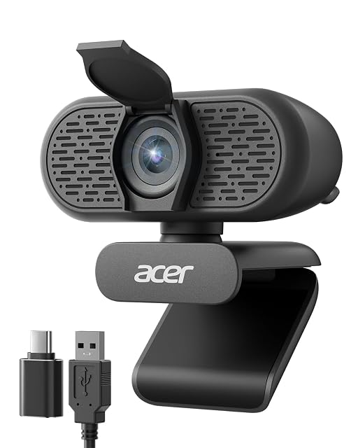 Schwarze Webcam Acer WBC-0H01 mit klappbarer Sichtschutzabdeckung auf einem Laptopdeckel