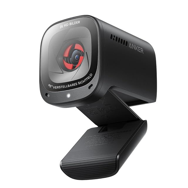 Schwarze Webcam Anker PowerConf C200 mit verschiebbarer Sichtschutzabdeckung an einer Monitorklemme