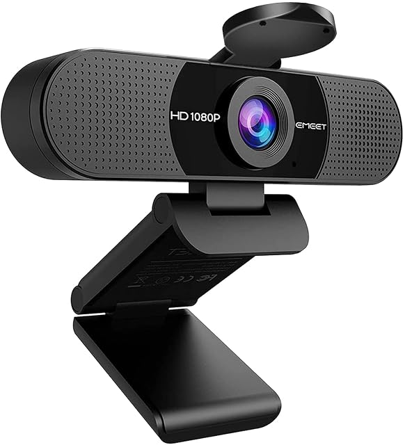 Schwarze Webcam EMEET C960 mit weitem Objektiv und Mikrofonen an beiden Seiten