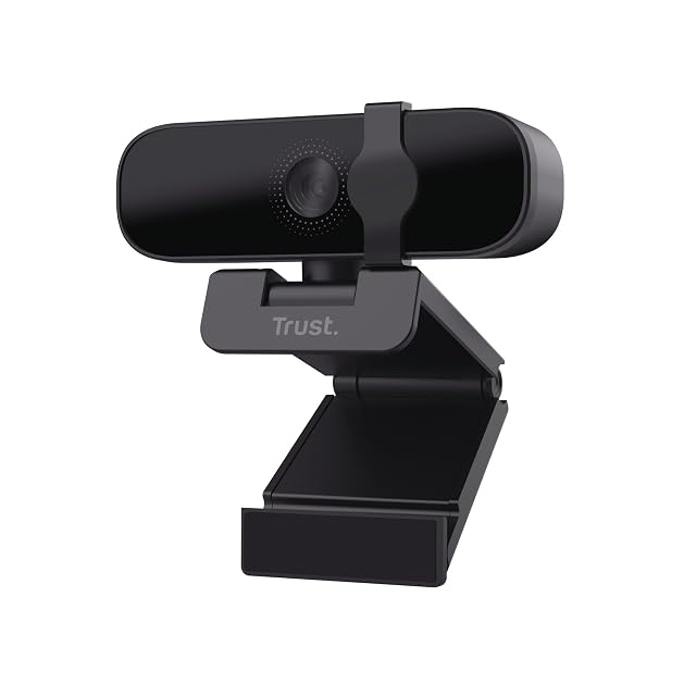 Schwarze Webcam Trust Oran mit verschiebbarer Sichtschutzblende auf einem Universalständer
